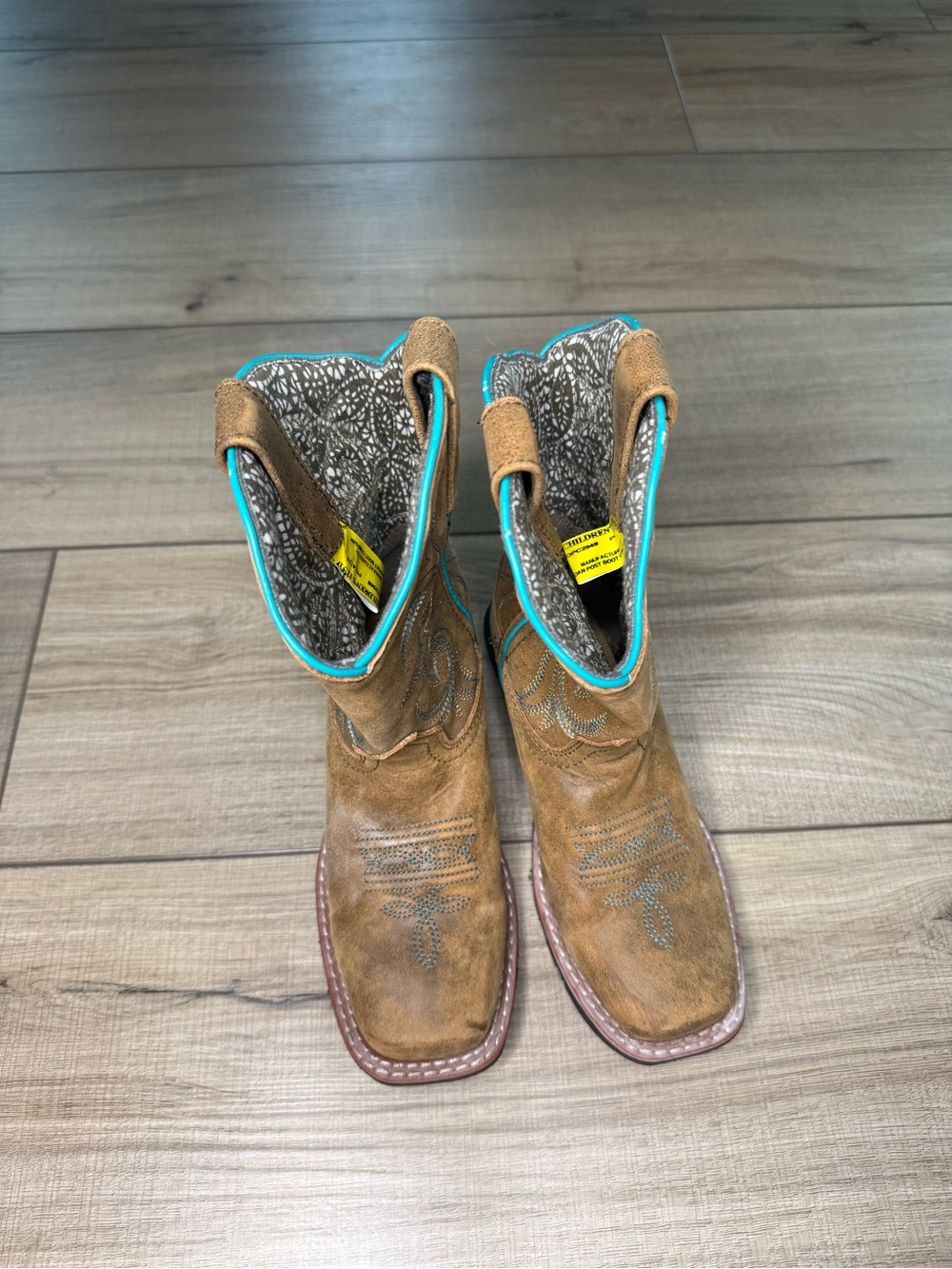 Dan Post Kids 12.5 Cowboy Boots Brown Turquoise Square Toe Western